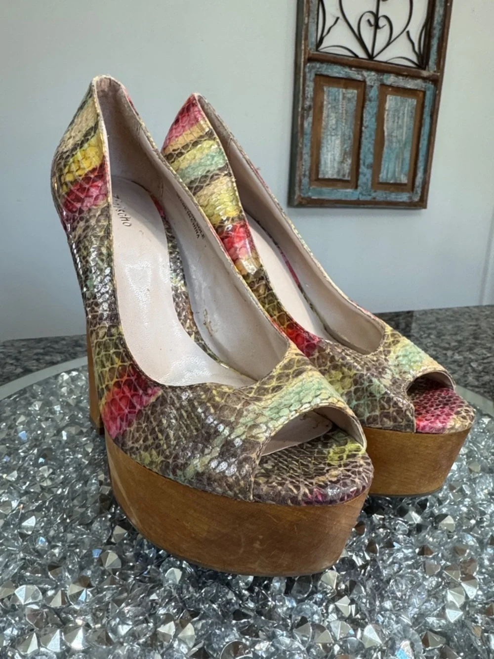 Zigi Soho Yellow Pink Green Multicolor Snakeskin wooden Platform Pumps 8.5 - 9
